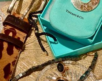 Prada belt, Tiffany & Co Sterling 18k cherry blossom pendant necklace