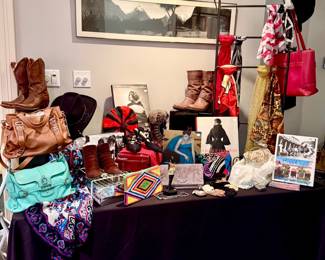 Upscale boutique handbags, shoes, and scarves.