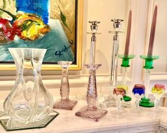 Baccarat large vase, amethyst candlestick holders.