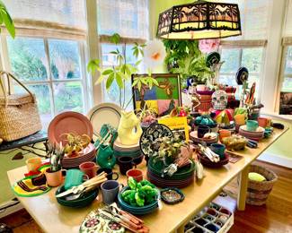 Mexican Fiesta breakfast room with Nancy Calhoun dishware, paper cache skeletons.