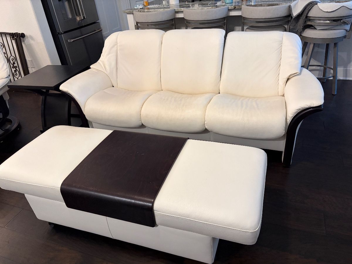 Fjords Alfa Low Back Stressless White Leather reclining sofa & Stressless Double Ottoman with storage