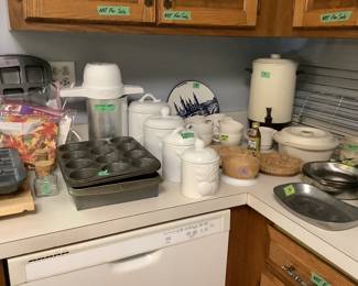 Bakeware, canister set, coffee pot and other kitchen items