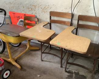 Three vintage school desks