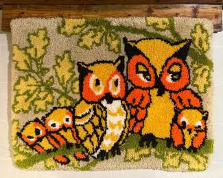 Vintage MCM Owl Latch Hook Wall Hanging 