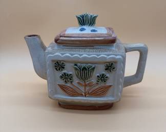 Japan Square Ceramic StonewareTeapot Earth Tones Tulip Floral Design