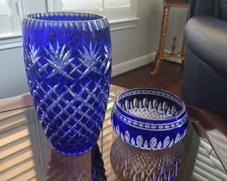 blue cut to clear vase and bowl