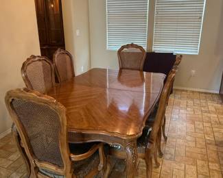 Traditional Wood Dining Table Set 6 Chairs Carved Frame Cane Back Formal Dining Room Set