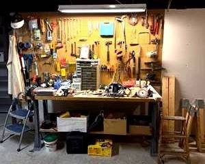 Workshop Bench with Assorted Hand Tools, Pegboard Setup, Power Tools – Garage Lot