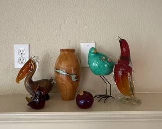Murano Style Art Glass Bird Figurines Lot Hand Blown Colorful Glass Sculptures Signed Vase