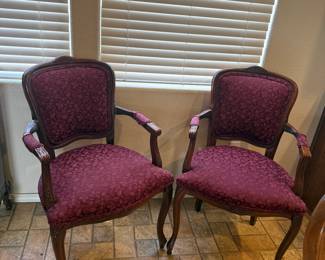 Pair Antique Style Upholstered Accent Chairs Burgundy Fabric Carved Wood Cabriole Legs