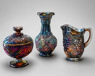 Art Glass Lot – Iridescent Vase, Candy Dish w/ Lid & Pitcher – Decorative Glass