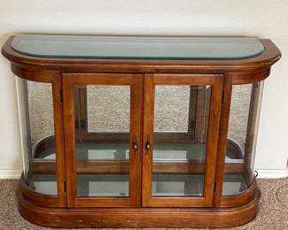 Curved Glass Display Cabinet Wood Curio Console Table Beveled Glass Doors