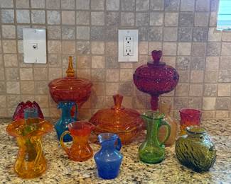 Colorful Art Glass Lot Lidded Candy Dishes Vases Bottles Amberina Rainbow Decor