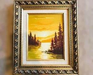 Framed Landscape Oil Painting – Sunset Lake Scene – Vintage Wall Art