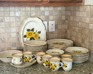 Floral Dinnerware Set Service for 7 w Serving Pieces Yellow Flower Plates Cups Vintage Style
