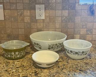 Vintage Pyrex & CorningWare Green Floral Mixing Bowls Set Glass & Milk Glass Kitchen Lot