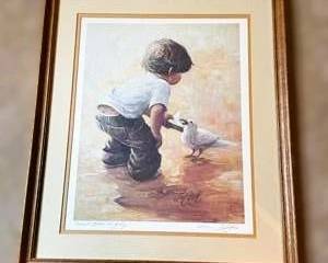 Su Etem Framed Print – Boy Feeding Bird – Children’s Sentimental Art