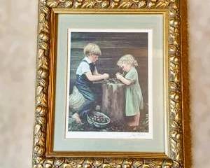 Su Etem Framed Print – Children at Bucket Scene – Ornate Gold Frame