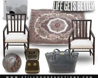 Hooker Furniture, Pottery Barn, art glass, designer bags, 14k, lighting, jewelry, artwork, mirrors, rugs, antiques, and much more. 