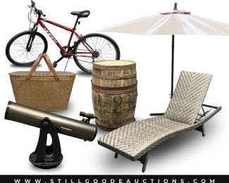 Bicycles, telescope, patio furniture, whiskey barrel, antique coins, gemstones, jewelry, and much more.