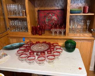 Vintage Tiffin Kings Crown Ruby Cake Stand and Glassware