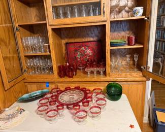 Vintage Tiffin Kings Crown Cake Stand and Ruby Glassware