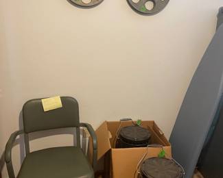 Kerosene heaters, sturdy chair, vtg movie reels