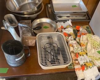 Stainless pans, meat grinder, mushroom towels