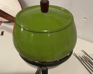 Vintage Avocado Green Enamel Fondue Pot Set with Forks