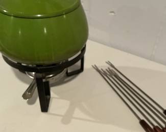 Vintage Avocado Green Enamel Fondue Pot Set with Forks