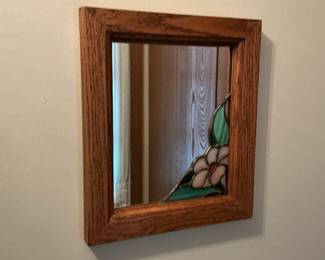 Square Wall Mirror with Floral Stained Glass Accent