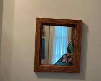 Square Wall Mirror with Floral Stained Glass Accent
