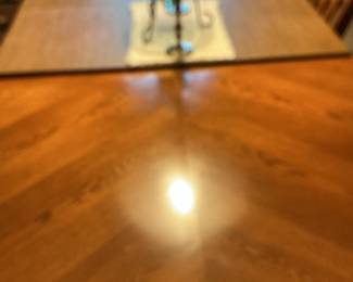 Oak Mission Style Dining Set with Six Chairs and Dining Pad Covers