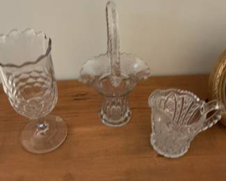 Pressed Glass Diamond Quilt Footed Compote, Basket, and Creamer Set