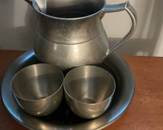 Pewter Pitcher, Two Cups, and Dish Set