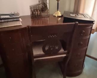 Vintage Kidney Shaped Mahogany Desk and Stool