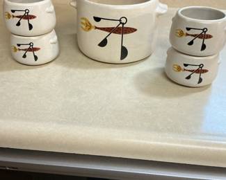 West Bend Bean Pot Set with Lids and Tongs - Fish & Utensils Pattern