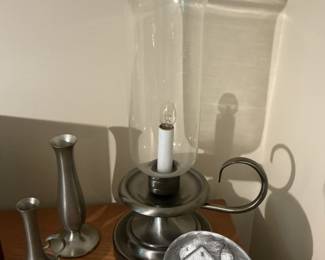 Wendell August Forge Pewter Four-Piece Set: Electric Lamp, Candlestick Holders, and Decorative Plate