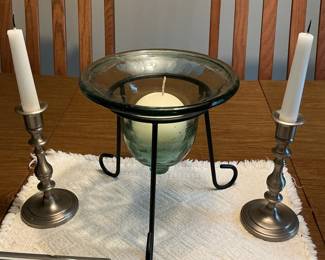 Baldwin "Key" Mark Pewter Candlesticks and Glass Candle Holder
