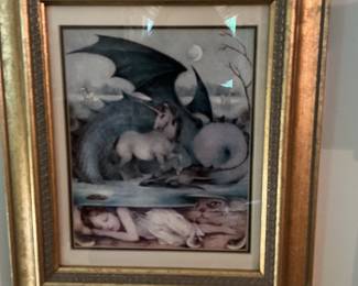 Dragon and Unicorn with Sleeping Child Print by Michael Parkes