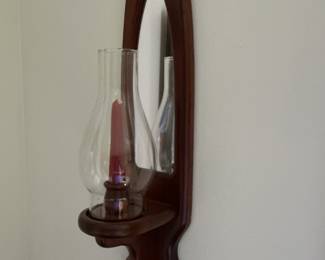 Vintage Wooden Wall Sconce with Glass Hurricane and Mirror
