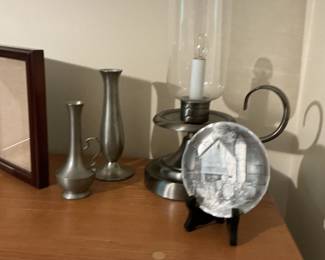 Wendell August Forge Pewter Four-Piece Set: Electric Lamp, Candlestick Holders, and Decorative Plate