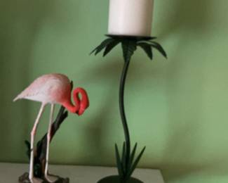 Flamingo and Palm Leaf Candle Holder Set with Shelf