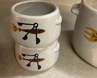 West Bend Bean Pot Set with Lids and Tongs - Fish & Utensils Pattern