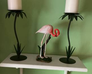 Flamingo and Palm Leaf Candle Holder Set with Shelf