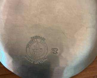 Wendell August Forge Pewter Four-Piece Set: Electric Lamp, Candlestick Holders, and Decorative Plate