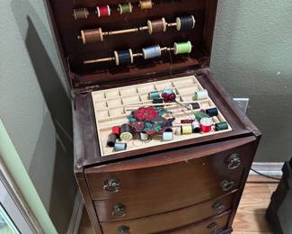 #44 - $150 - Antique sewing spool cabinet 18Wx14Dx27T - 4 drawers & top
