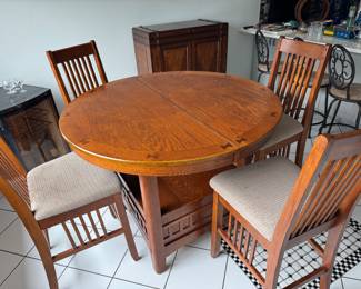 Kitchen table high top 47D x47x36T with 4 high chairs & storage in bottom - Mission style 