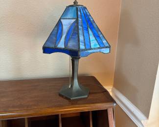 #21 - $70 -Blue stain glass - real glass small lamp 12Hx9W