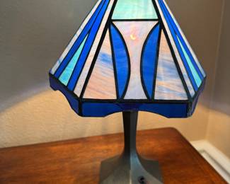 #21 - $70 -Blue stain glass - real glass small lamp 12Hx9W